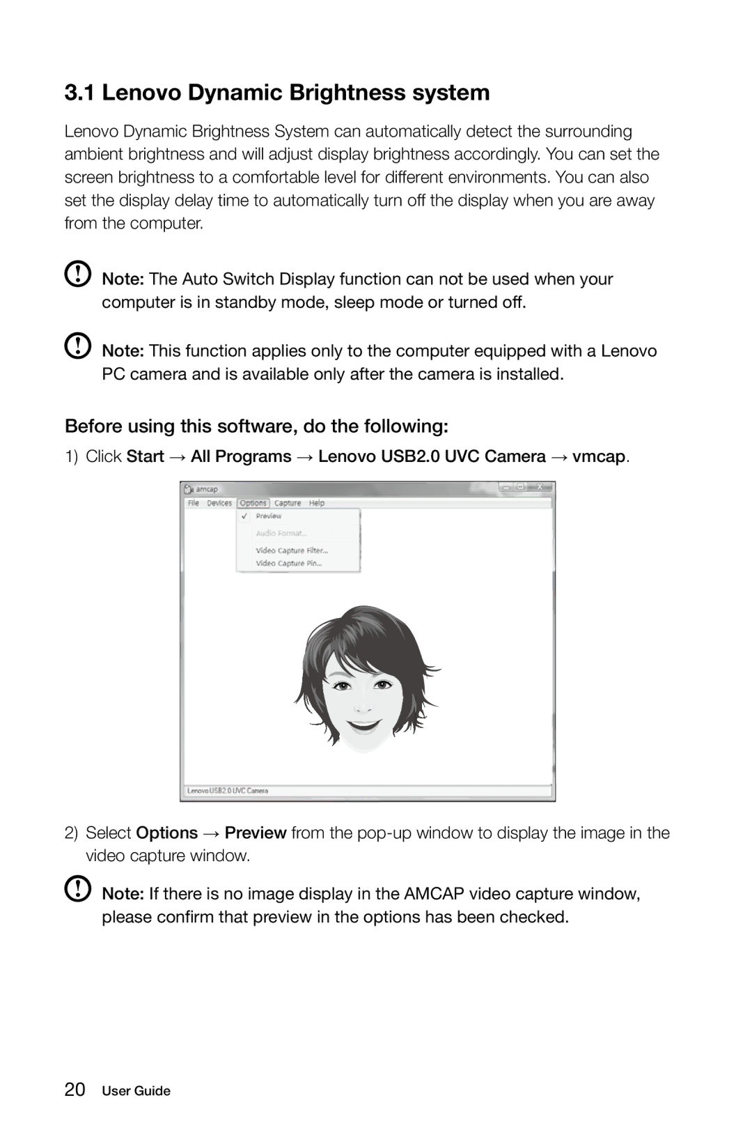 Lenovo 10059/7723, 10068/7752, 10060/7724 Lenovo Dynamic Brightness system, Before using this software, do the following 