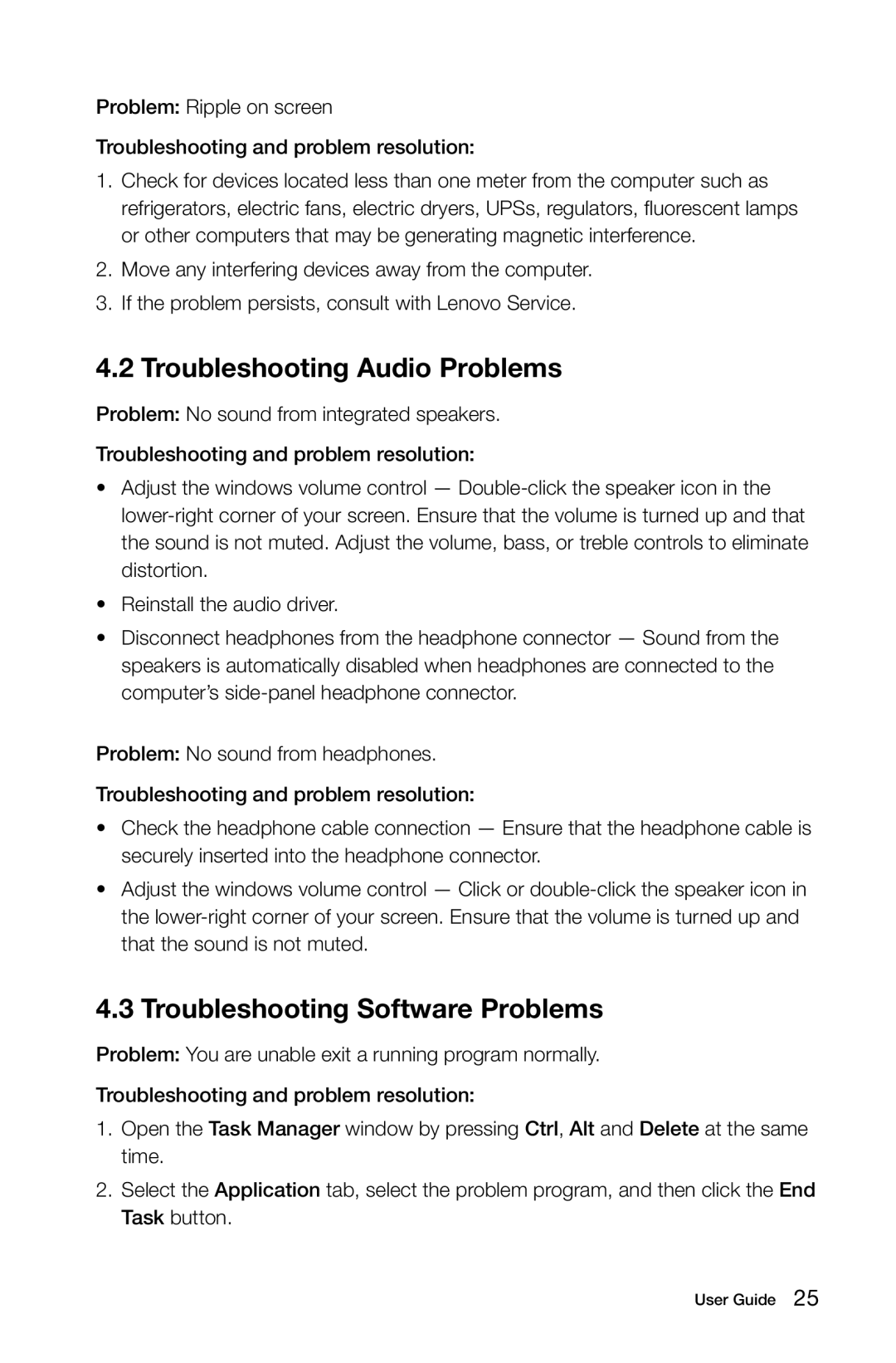 Lenovo 10060/7724, 10068/7752, 10059/7723, 10080/3099 manual Troubleshooting Audio Problems, Troubleshooting Software Problems 