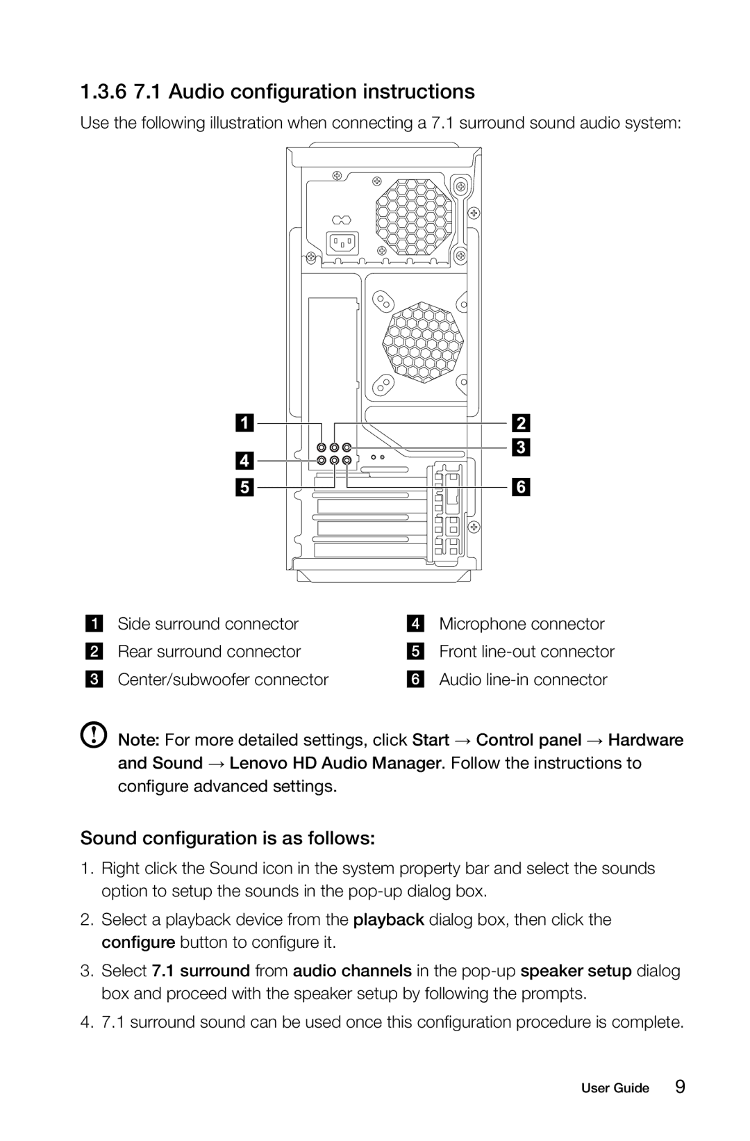 Lenovo 10066/7747, 10073/1169, 10067/7748 manual 6 7.1 Audio configuration instructions, Sound configuration is as follows 