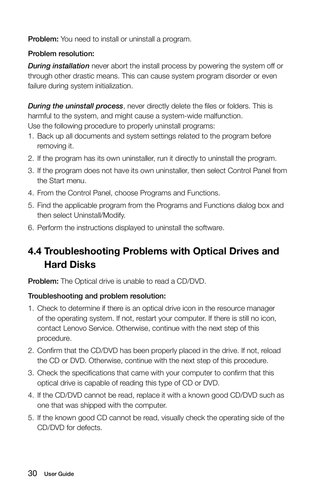 Lenovo 10062/7727, 10073/1169, 10067/7748, 10066/7747 manual Troubleshooting Problems with Optical Drives and Hard Disks 