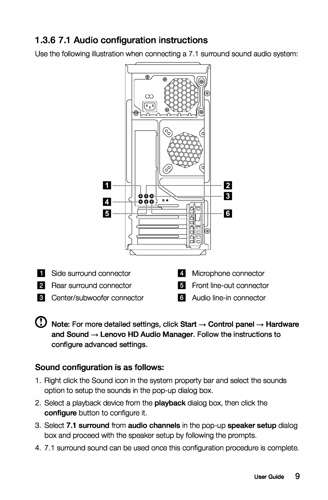 Lenovo 10066/7747, 10073/1169, 10067/7748 1.3.6 7.1 Audio configuration instructions, Sound configuration is as follows 