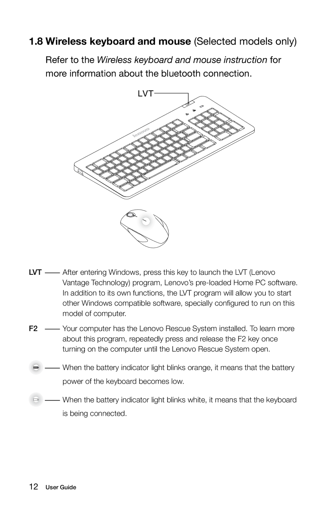 Lenovo 10069/7760, 10074/3076 manual Wireless keyboard and mouse Selected models only, Lvt 