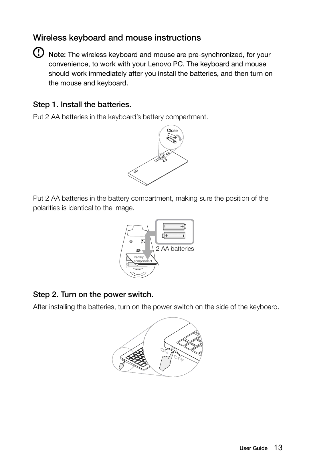 Lenovo 10074/3076 manual Wireless keyboard and mouse instructions, Put 2 AA batteries in the keyboard’s battery compartment 