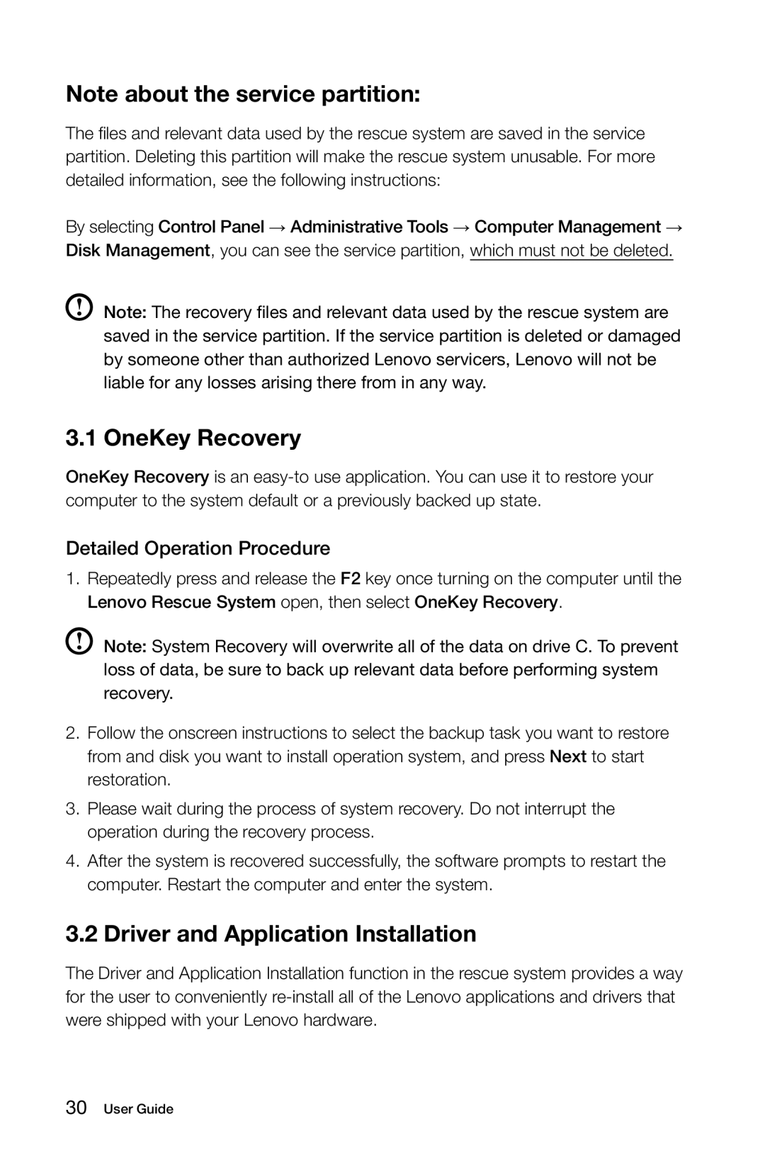 Lenovo 10069/7760, 10074/3076 manual OneKey Recovery, Driver and Application Installation 