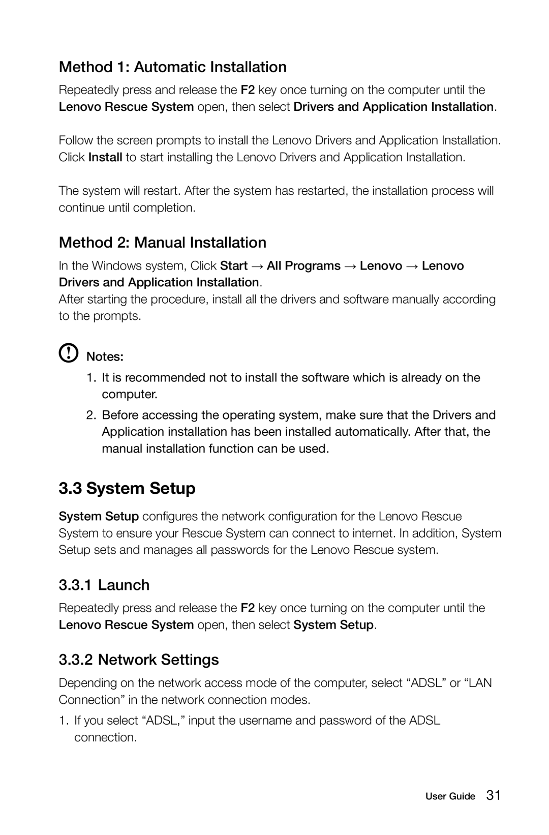 Lenovo 10074/3076 System Setup, Method 1 Automatic Installation, Method 2 Manual Installation, Launch, Network Settings 