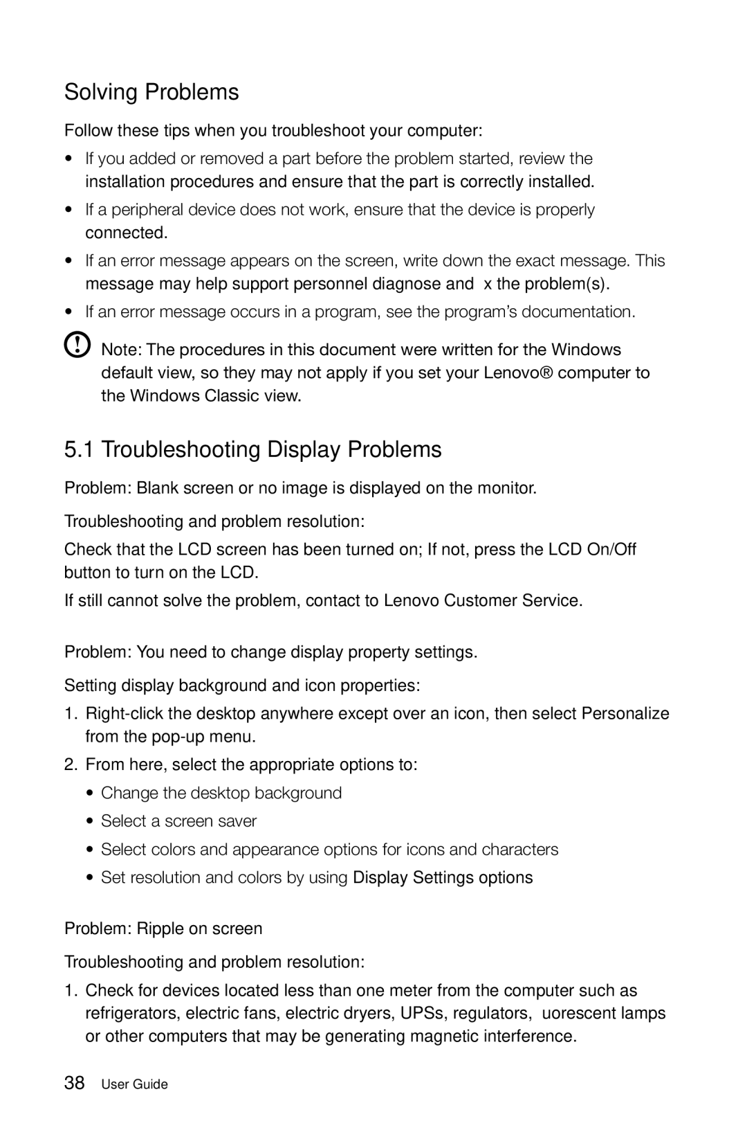 Lenovo 10069/7760, 10074/3076 manual Solving Problems, Troubleshooting Display Problems 