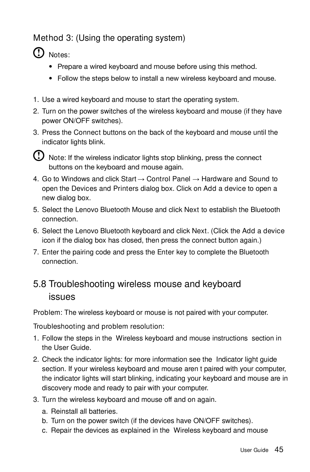 Lenovo 10074/3076, 10069/7760 manual Troubleshooting wireless mouse and keyboard issues, Method 3 Using the operating system 