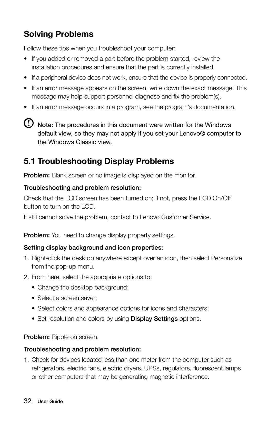 Lenovo 10077/3094, 10076/3079, 10075/3078, 10078/3095 manual Solving Problems, Troubleshooting Display Problems 