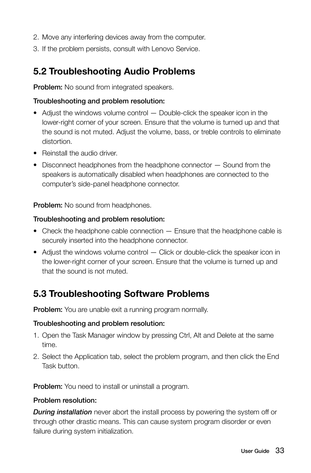 Lenovo 10075/3078, 10076/3079, 10077/3094, 10078/3095 manual Troubleshooting Audio Problems, Troubleshooting Software Problems 