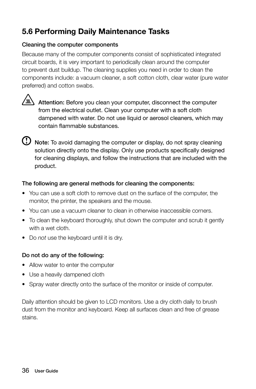 Lenovo 10077/3094, 10076/3079, 10075/3078, 10078/3095 Performing Daily Maintenance Tasks, Cleaning the computer components 