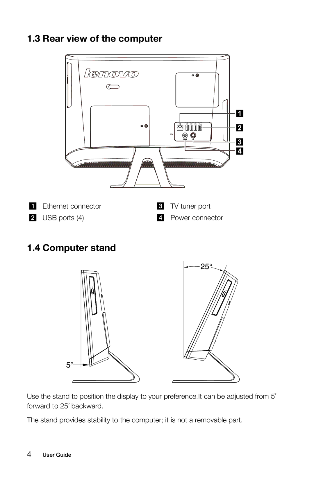 Lenovo 10077/3094, 10076/3079 manual Rear view of the computer, Computer stand, Ethernet connector TV tuner port USB ports 