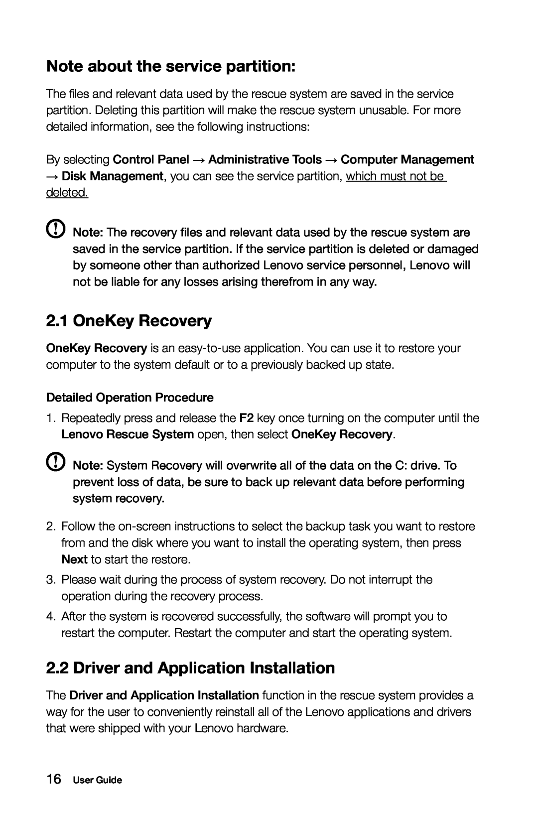 Lenovo 10080/3099/1194 manual Note about the service partition, OneKey Recovery, Driver and Application Installation 