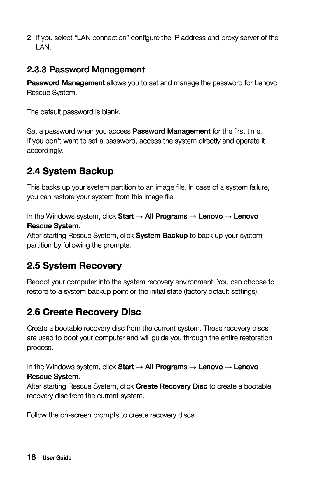 Lenovo 10080/3099/1194, 10091/2558/1196 manual System Backup, System Recovery, Create Recovery Disc, Password Management 