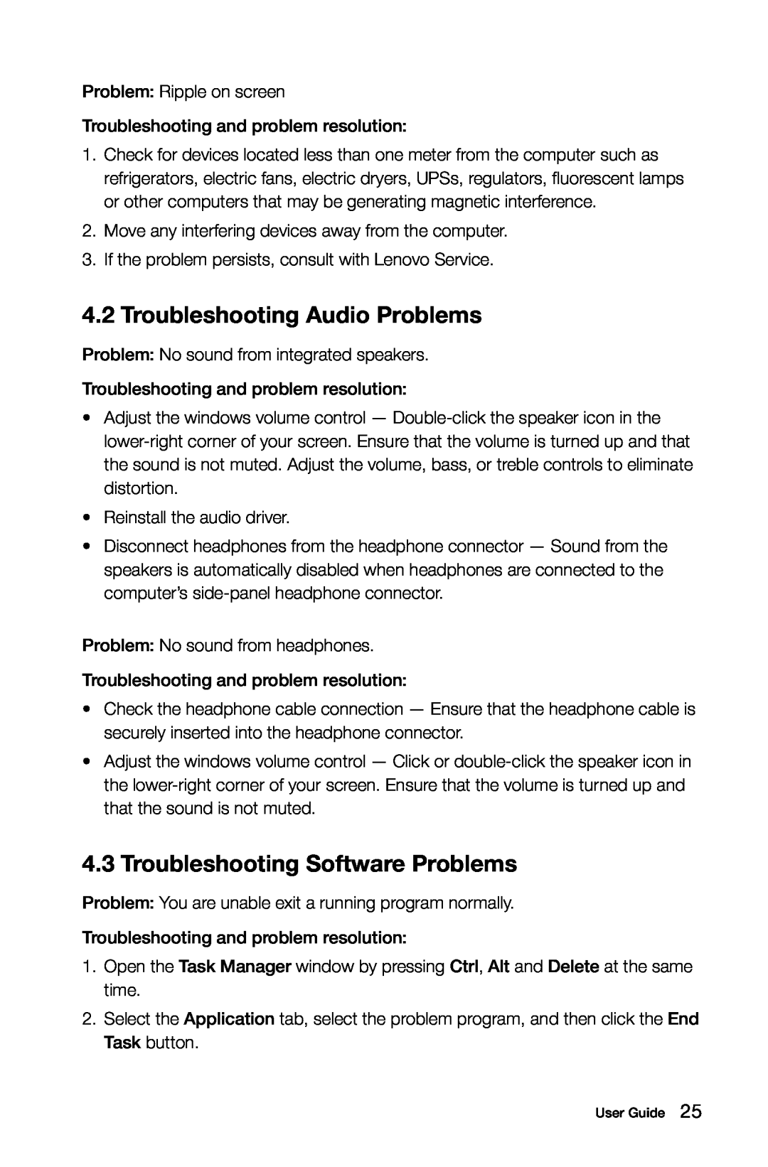 Lenovo 10091/2558/1196, 10080/3099/1194 manual Troubleshooting Audio Problems, Troubleshooting Software Problems 