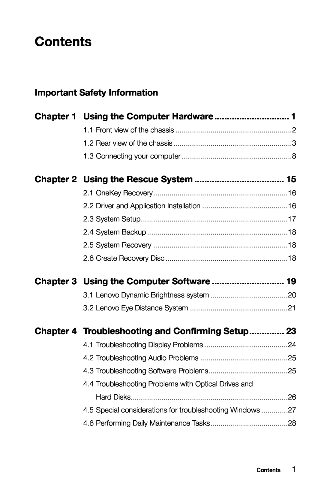 Lenovo 10091/2558/1196 manual Contents, Important Safety Information, Using the Rescue System, Using the Computer Software 