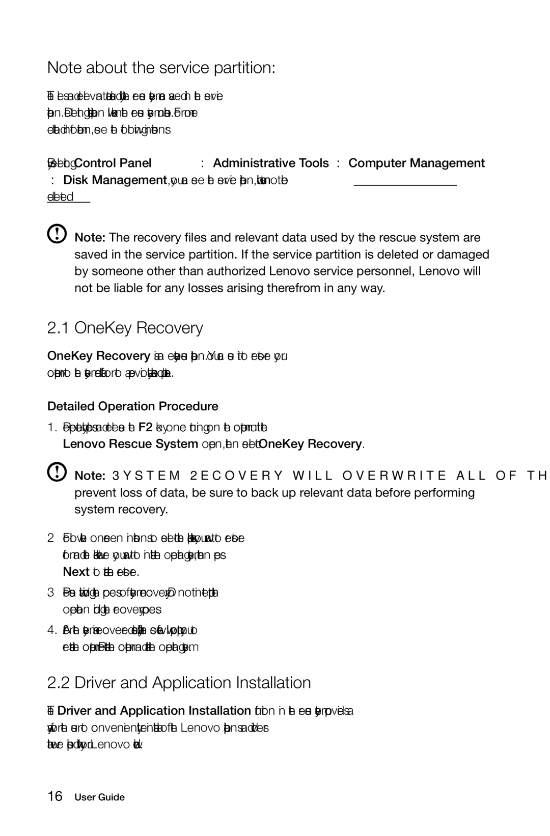 Lenovo 10080/3099/1194, 10091/2558/1196 manual OneKey Recovery, Driver and Application Installation 