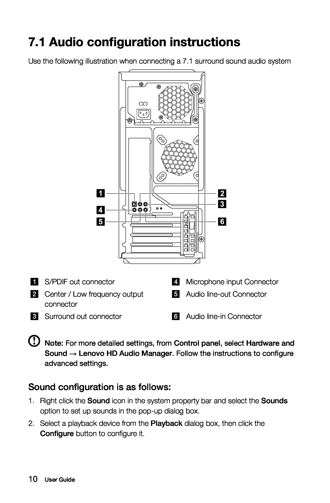 Lenovo 10121/90A1 [K450 ES], 10120/90A0 [K450 NON-ES] Audio configuration instructions, Sound configuration is as follows 