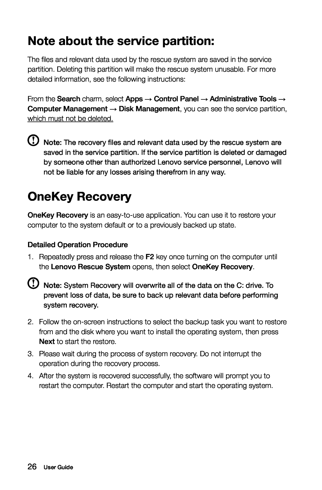 Lenovo 10120/90A0 [K450 NON-ES], 10121/90A1 [K450 ES] manual Note about the service partition, OneKey Recovery 