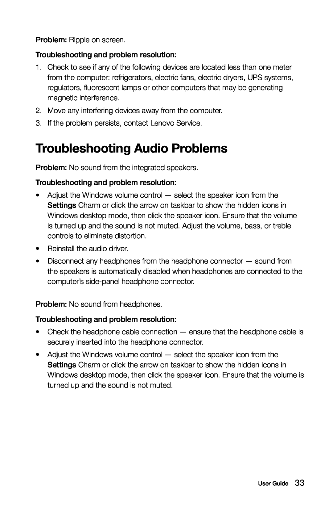 Lenovo 10089/1168/4744 [K410], 10121/90A1 [K450 ES], 10120/90A0 [K450 NON-ES] manual Troubleshooting Audio Problems 