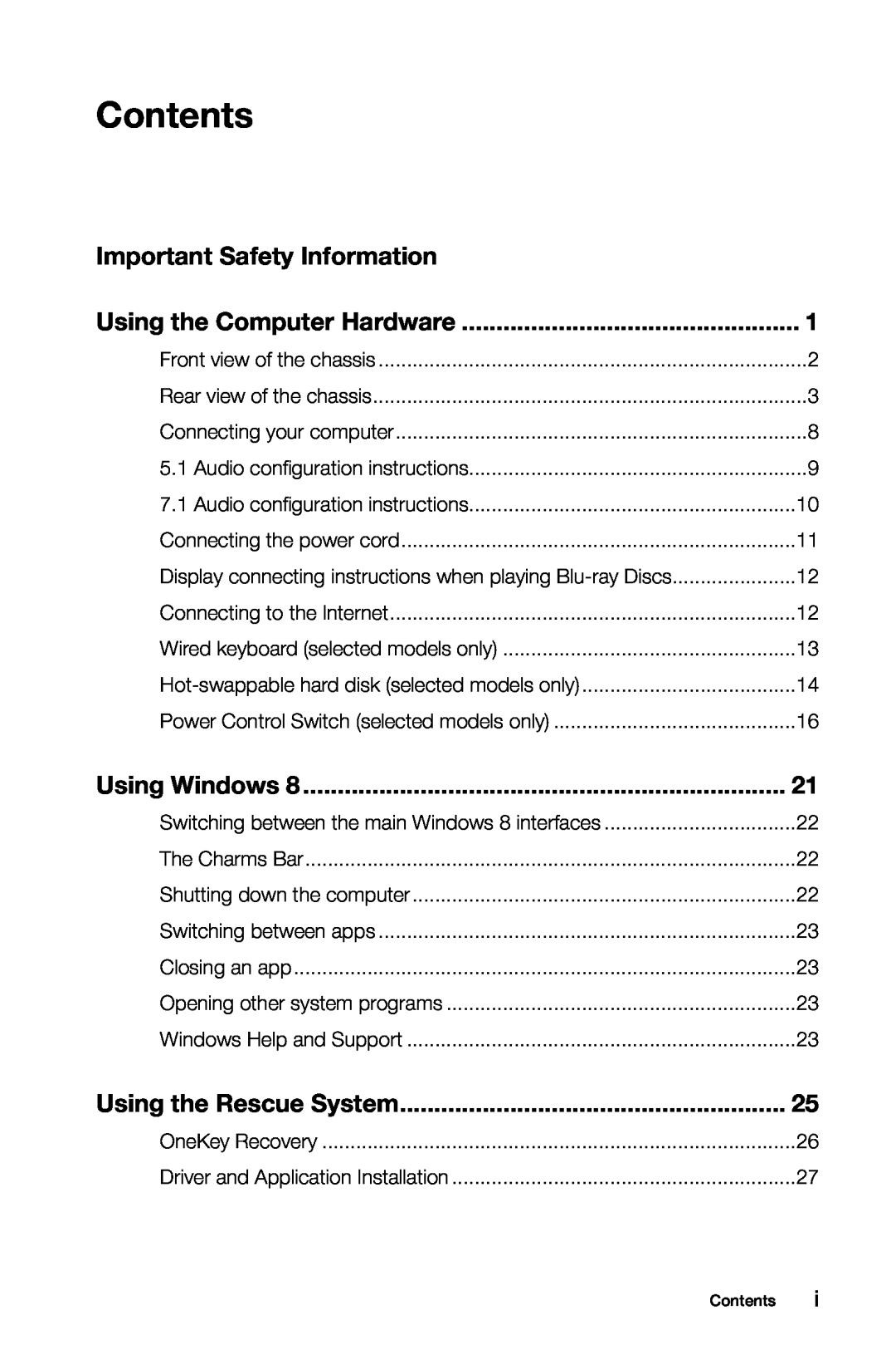 Lenovo 10090/2556/4748 [K415] manual Contents, Important Safety Information, Using Windows, Using the Rescue System 
