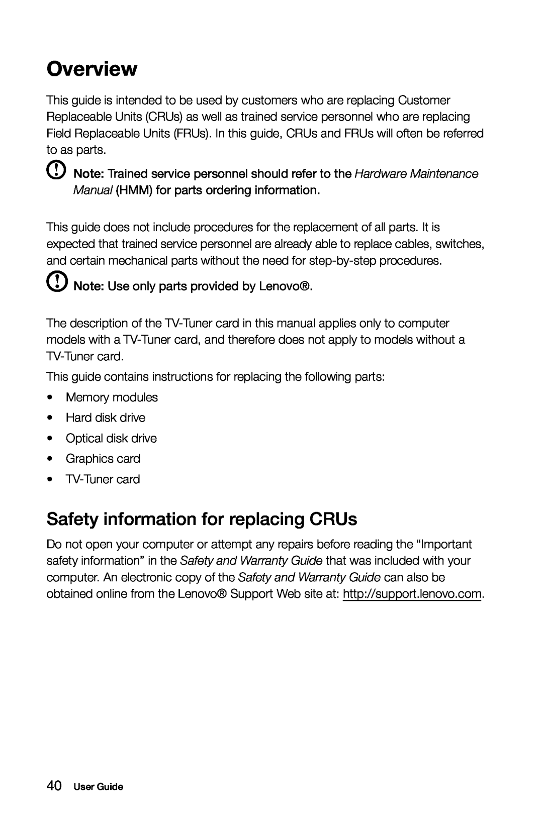 Lenovo 10121/90A1 [K450 ES], 10120/90A0 [K450 NON-ES] manual Overview, Safety information for replacing CRUs 