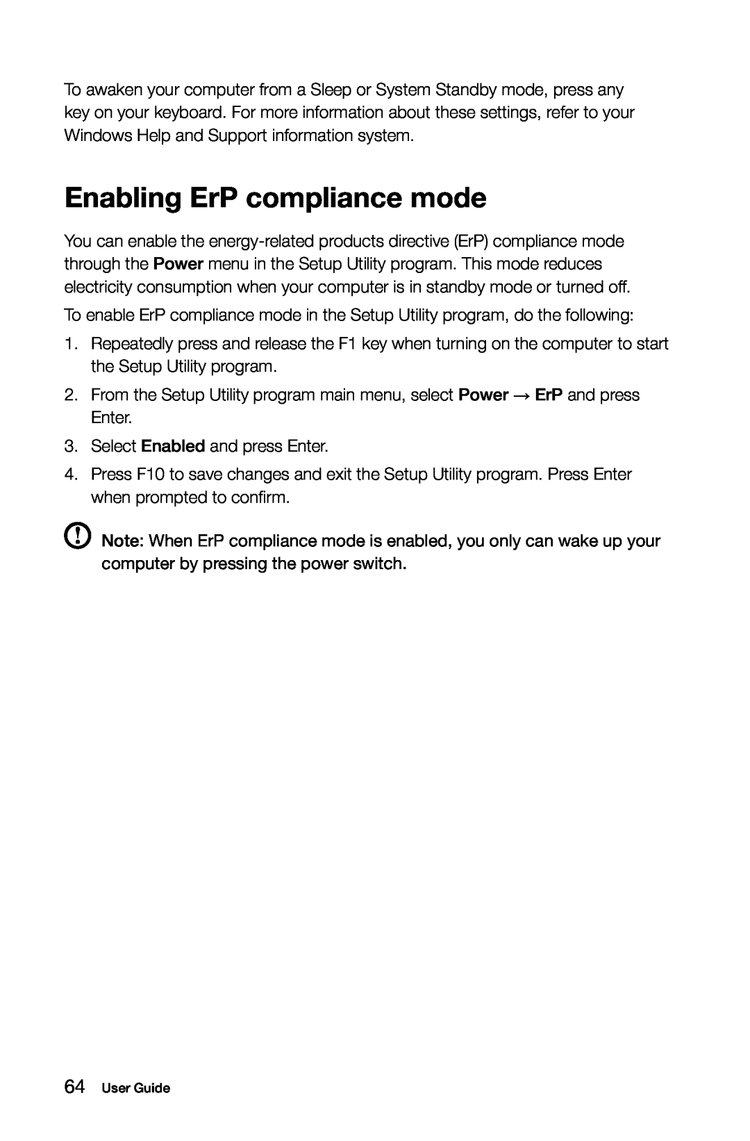 Lenovo 10090/2556/4748 [K415], 10121/90A1 [K450 ES], 10120/90A0 [K450 NON-ES] manual Enabling ErP compliance mode 