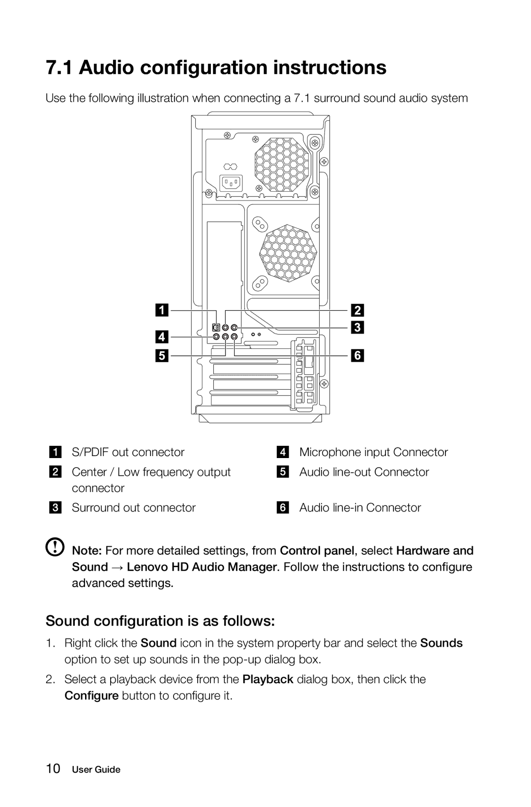 Lenovo 10121/90A1 [K450 ES], 10120/90A0 [K450 NON-ES], 10086/3109/4743 [K430] manual Sound configuration is as follows 