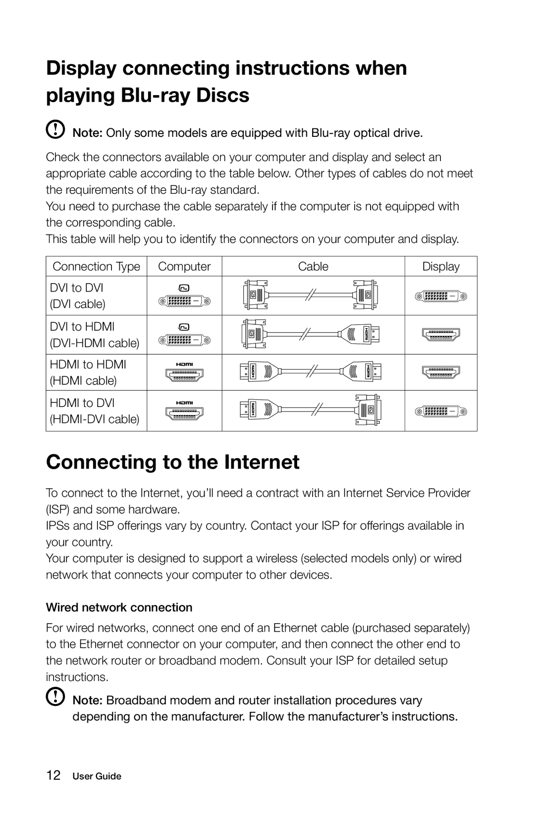 Lenovo 10086/3109/4743 [K430] manual Display connecting instructions when playing Blu-ray Discs, Connecting to the Internet 