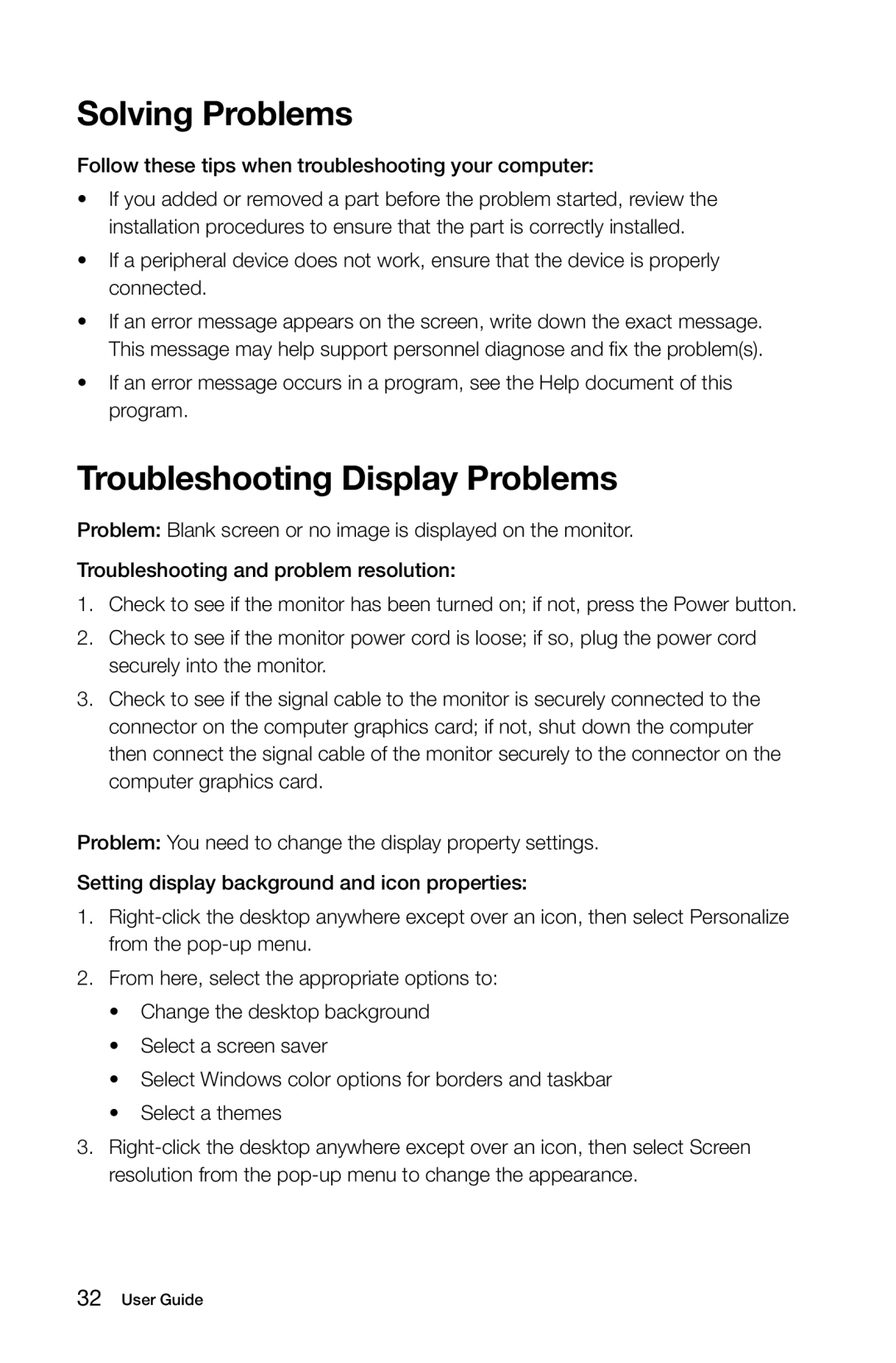 Lenovo 10086/3109/4743 [K430], 10121/90A1 [K450 ES] manual Solving Problems, Troubleshooting Display Problems 