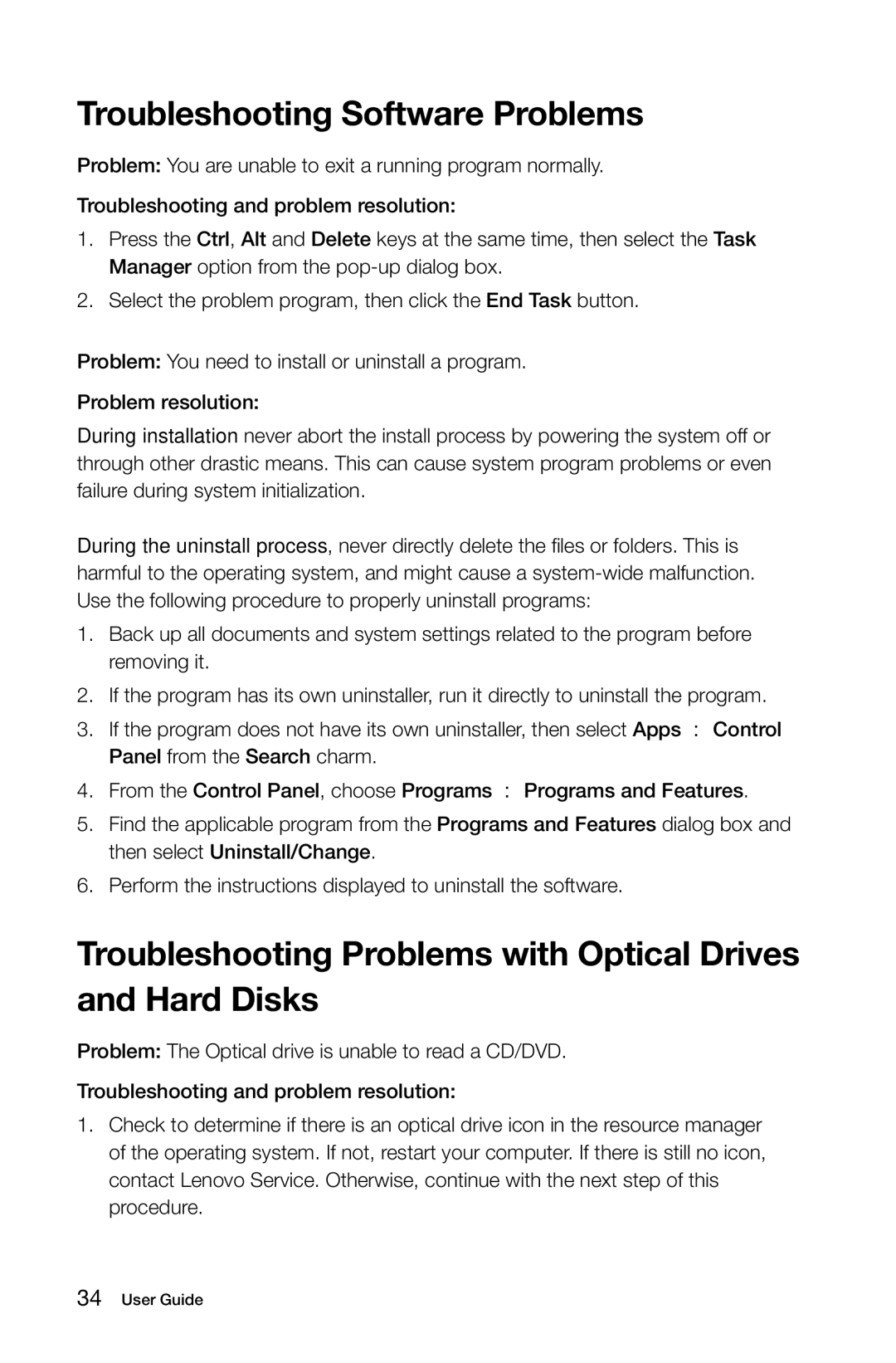 Lenovo 10090/2556/4748 [K415], 10121/90A1 [K450 ES], 10120/90A0 [K450 NON-ES] manual Troubleshooting Software Problems 