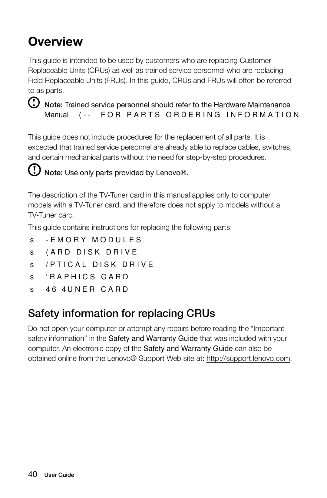 Lenovo 10121/90A1 [K450 ES], 10120/90A0 [K450 NON-ES] manual Overview, Safety information for replacing CRUs 