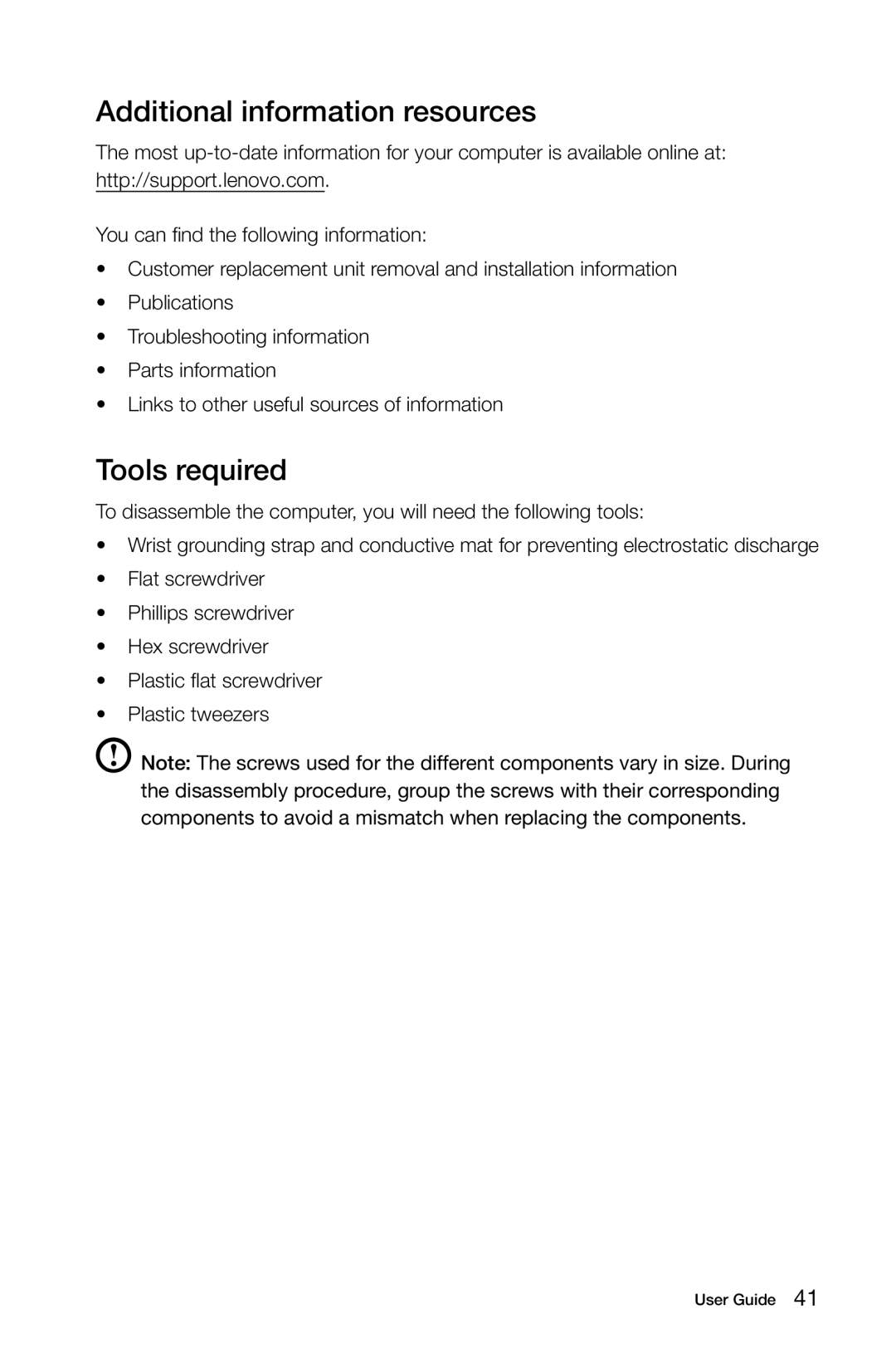 Lenovo 10120/90A0 [K450 NON-ES], 10121/90A1 [K450 ES] manual Additional information resources, Tools required 