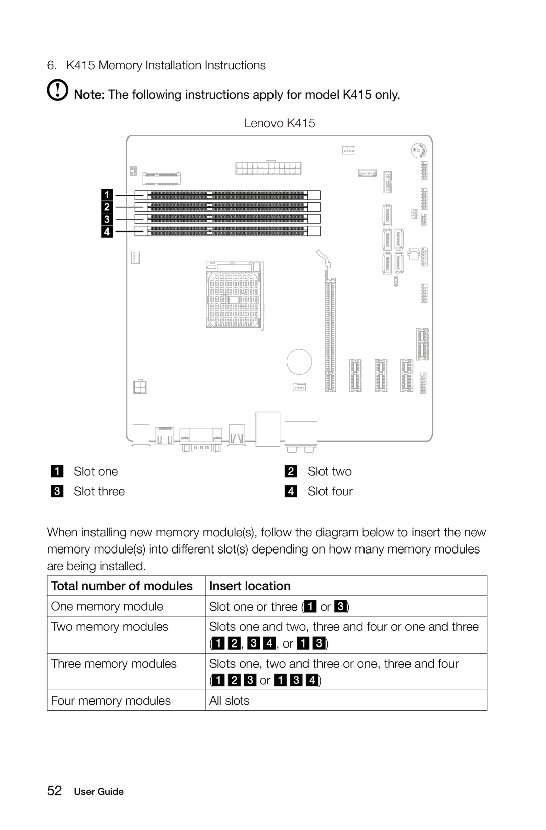 Lenovo 10086/3109/4743 [K430], 10121/90A1 [K450 ES], 10120/90A0 [K450 NON-ES] manual K415 Memory Installation Instructions 