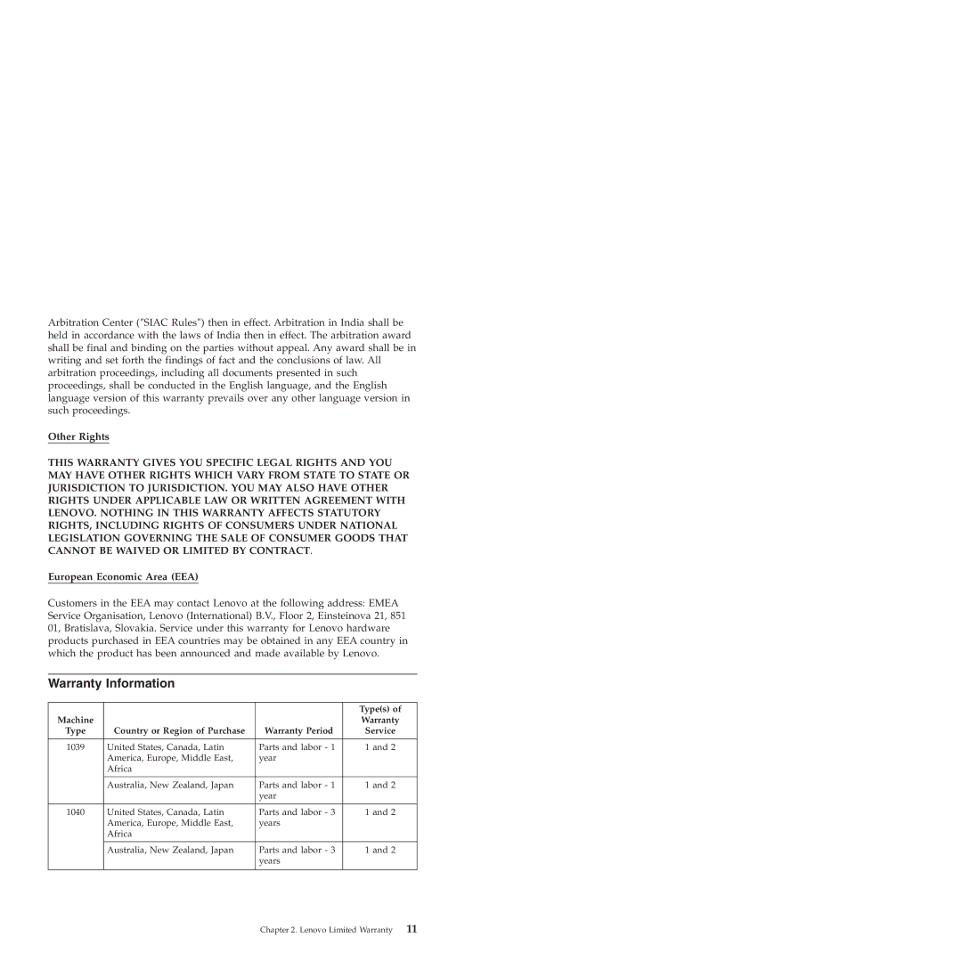 Lenovo 1039, 1029, 1040, 1027 manual Warranty Information, Other Rights, European Economic Area EEA 