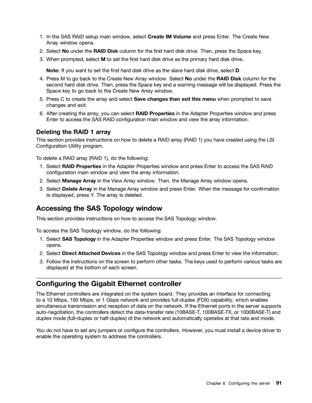 Lenovo 1048 Accessing the SAS Topology window, Configuring the Gigabit Ethernet controller, Deleting the RAID 1 array 