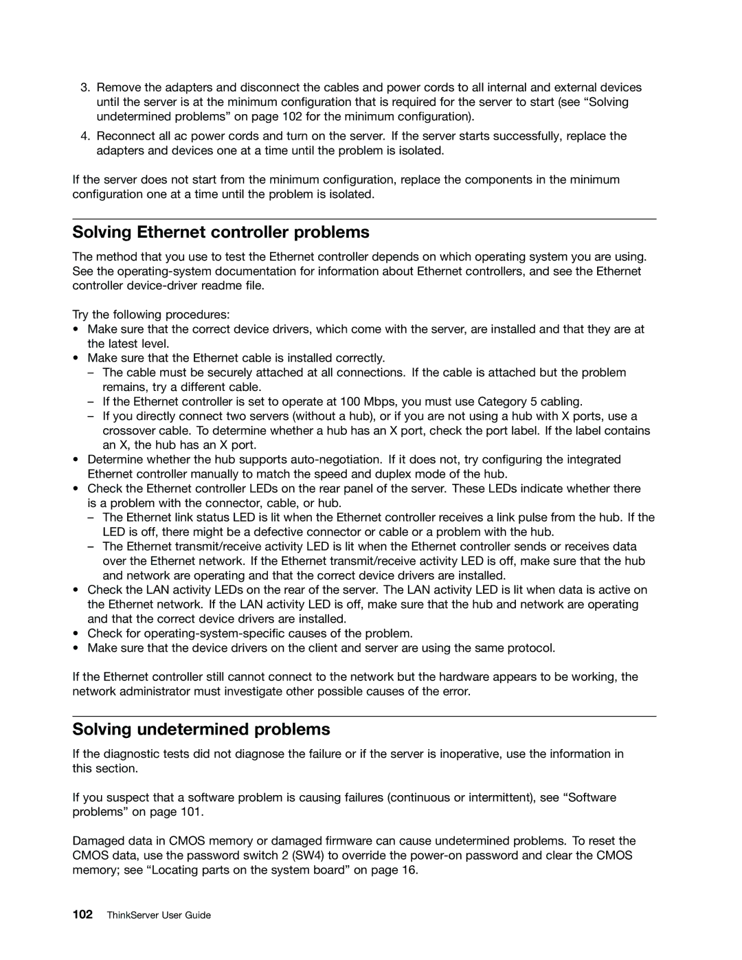 Lenovo 1045, 1046, 1047, 1048 manual Solving Ethernet controller problems, Solving undetermined problems 