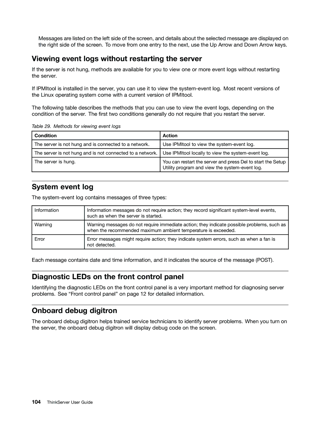 Lenovo 1046 Viewing event logs without restarting the server, System event log, Diagnostic LEDs on the front control panel 