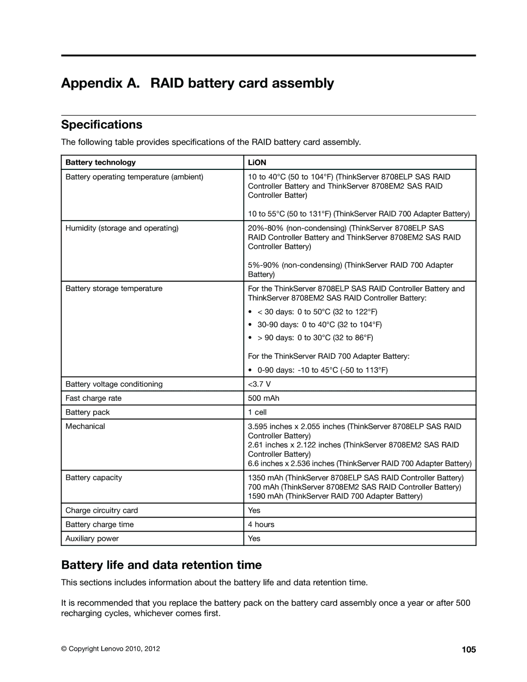 Lenovo 1047 Appendix A. RAID battery card assembly, Battery life and data retention time, 105, Battery technology LiON 