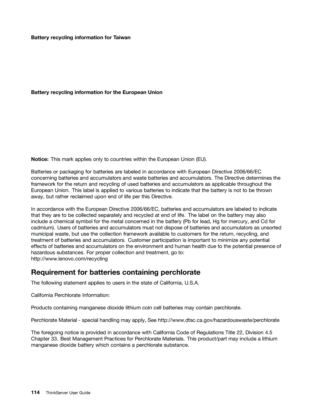 Lenovo 1045, 1046, 1047, 1048 manual Requirement for batteries containing perchlorate 