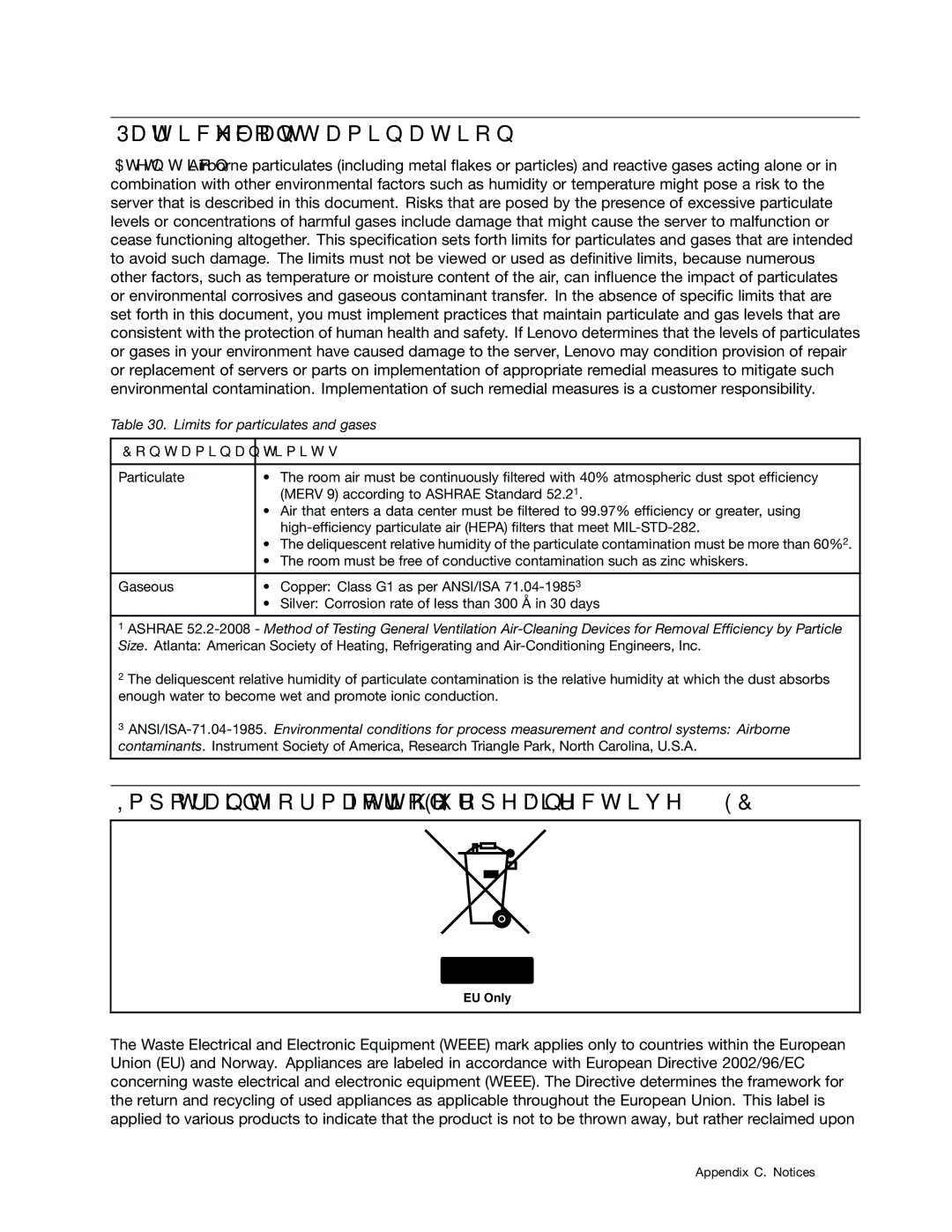 Lenovo 1048 Particulate contamination, Important information for the European Directive 2002/96/EC, Contaminant Limits 