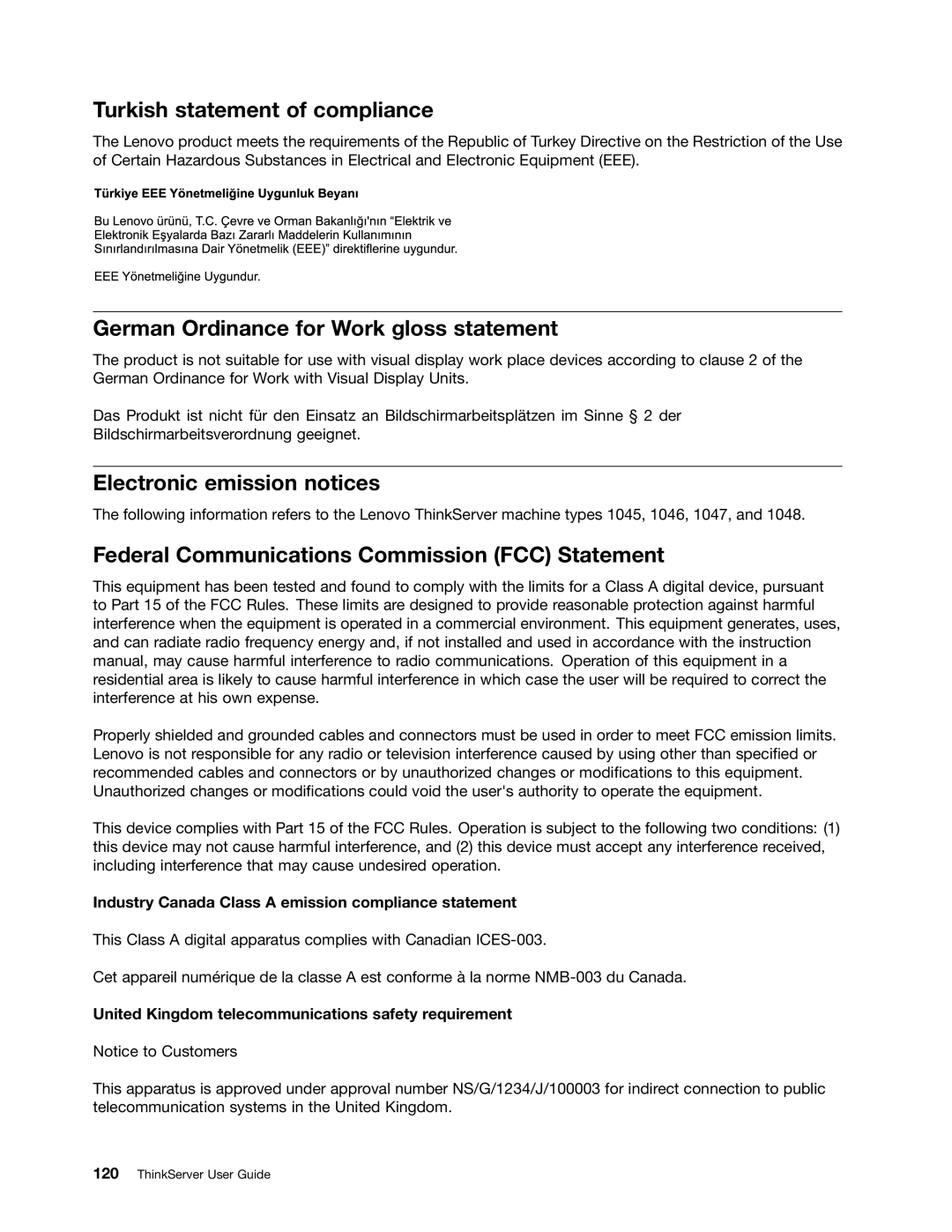 Lenovo 1046, 1047 Turkish statement of compliance, German Ordinance for Work gloss statement, Electronic emission notices 