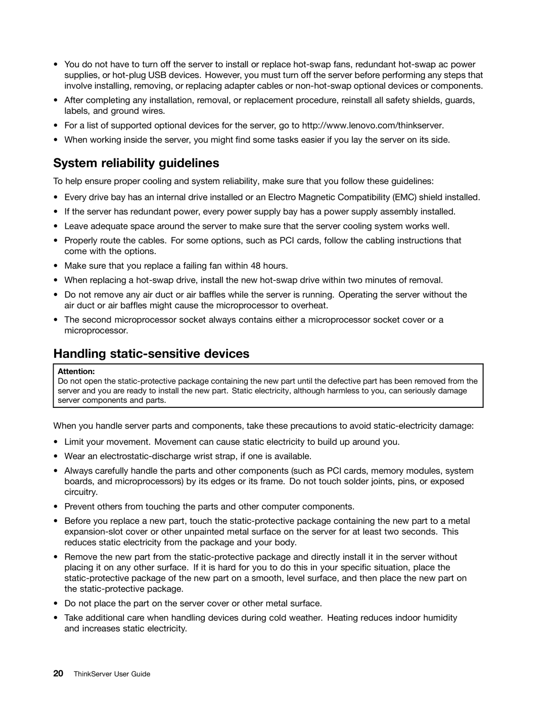 Lenovo 1046, 1047, 1045, 1048 manual System reliability guidelines, Handling static-sensitive devices 