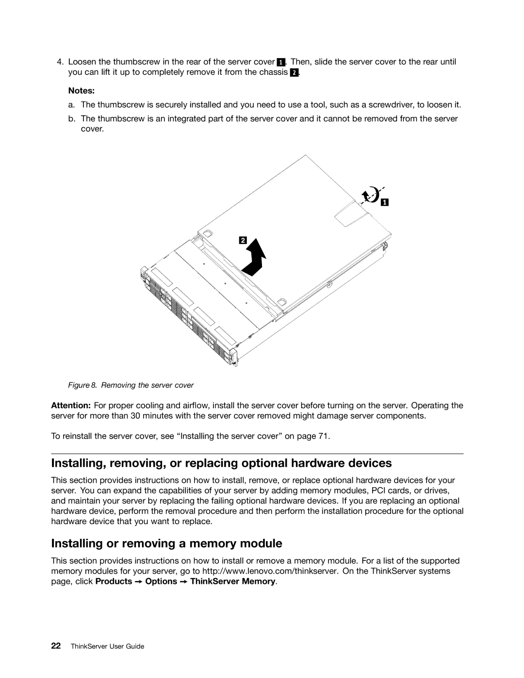 Lenovo 1045, 1046 Installing, removing, or replacing optional hardware devices, Installing or removing a memory module 