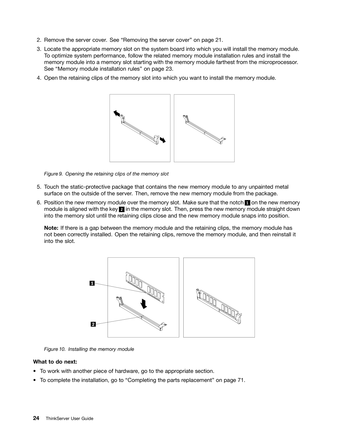 Lenovo 1046, 1047, 1045, 1048 manual What to do next, Opening the retaining clips of the memory slot 