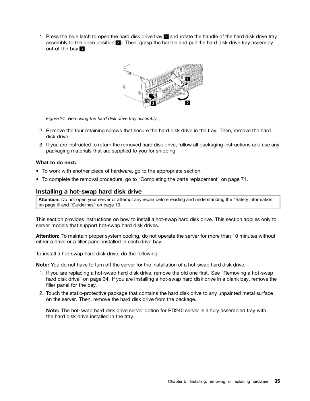 Lenovo 1048, 1046, 1047, 1045 manual Installing a hot-swap hard disk drive, Removing the hard disk drive tray assembly 