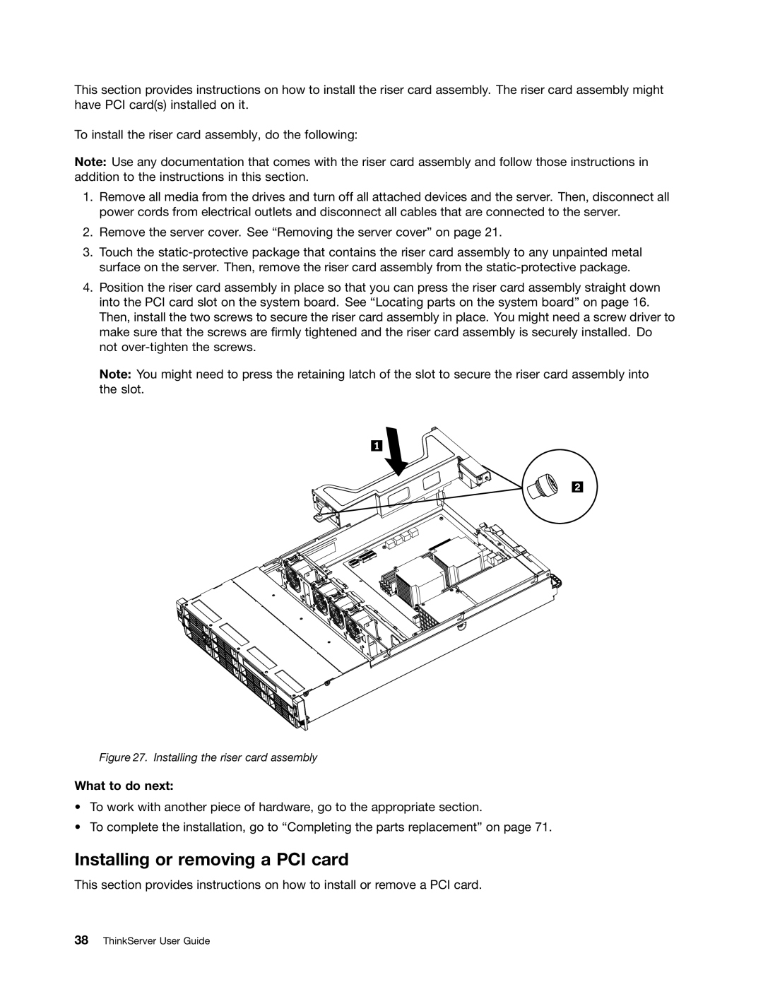 Lenovo 1045, 1046, 1047, 1048 manual Installing or removing a PCI card, Installing the riser card assembly 