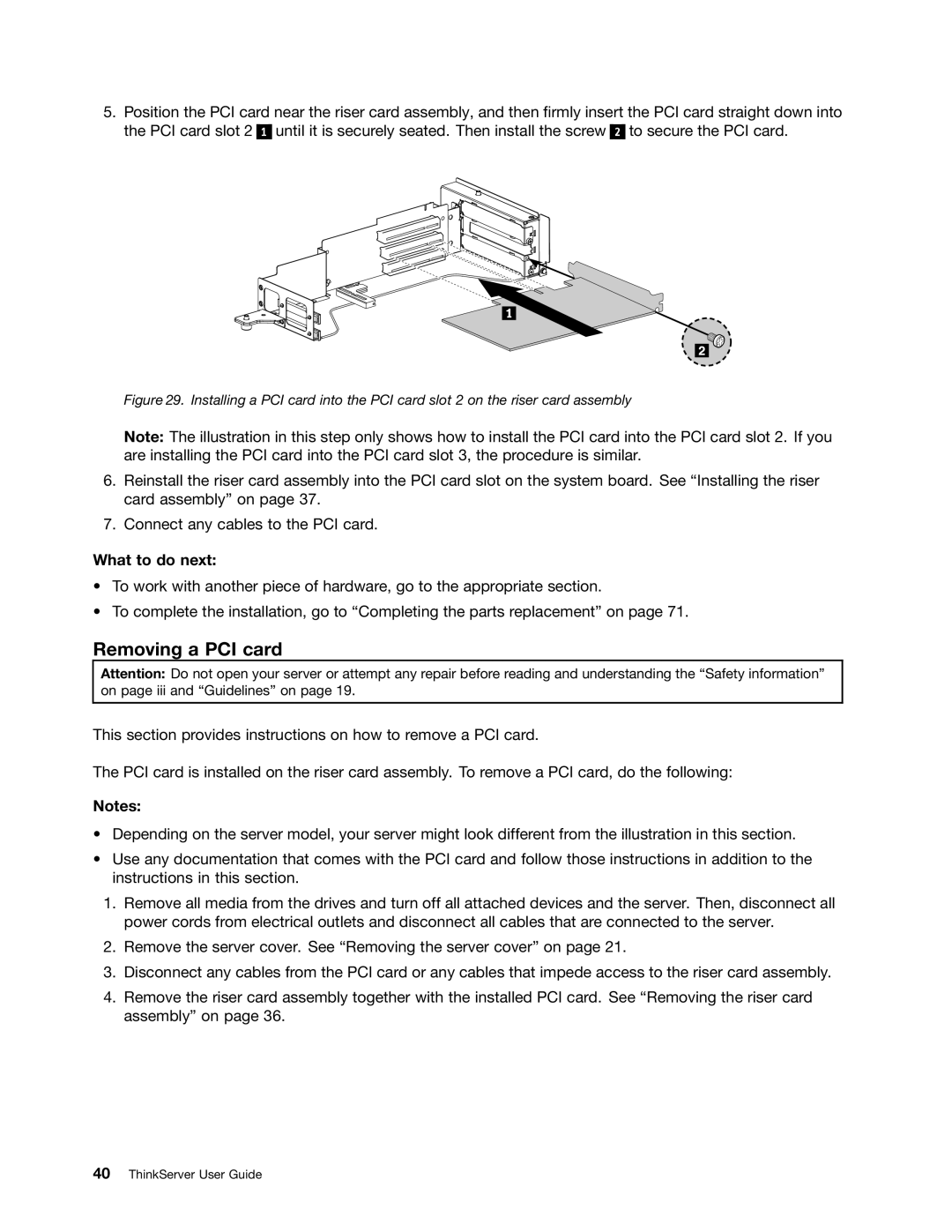 Lenovo 1046, 1047, 1045, 1048 manual Removing a PCI card 