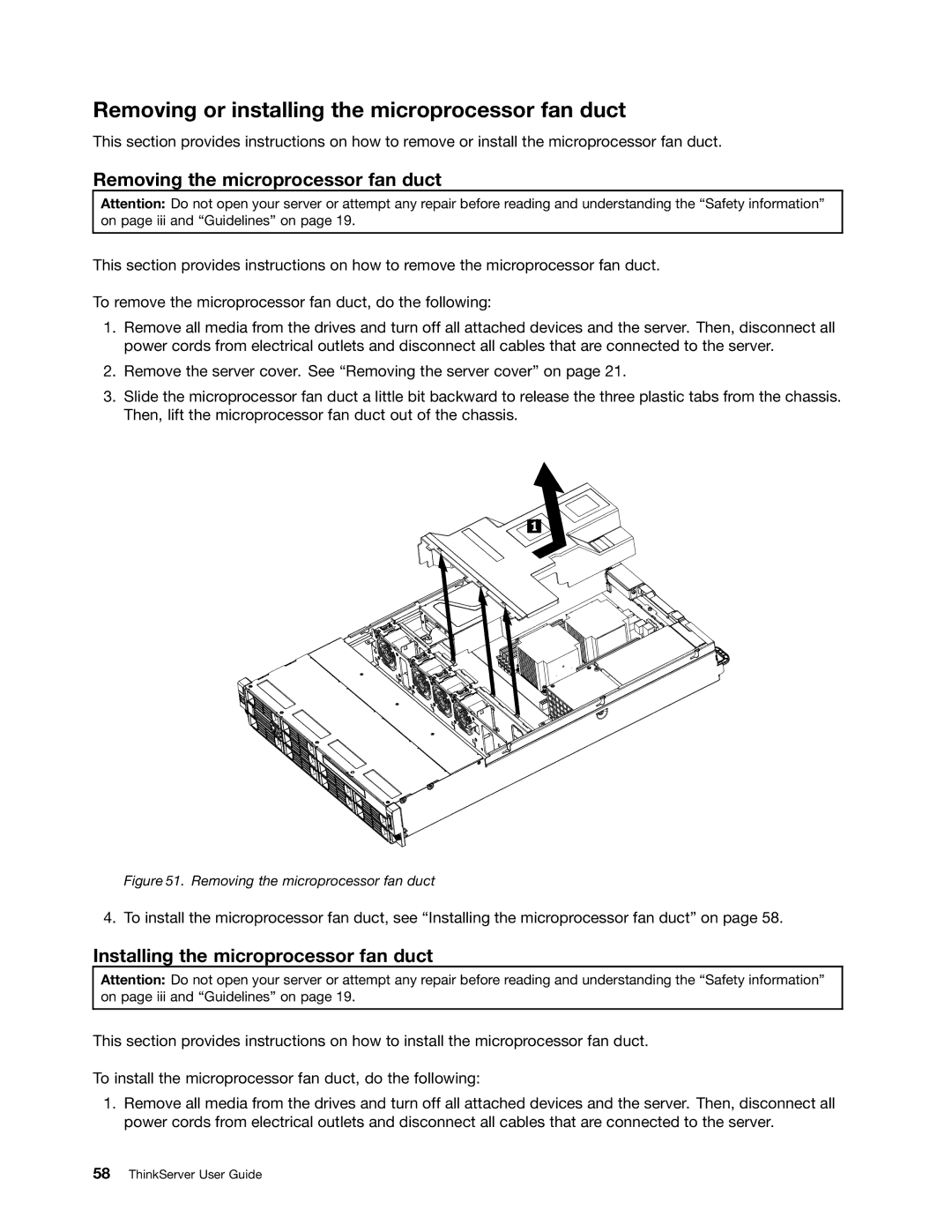 Lenovo 1045, 1046, 1047, 1048 manual Removing or installing the microprocessor fan duct, Removing the microprocessor fan duct 