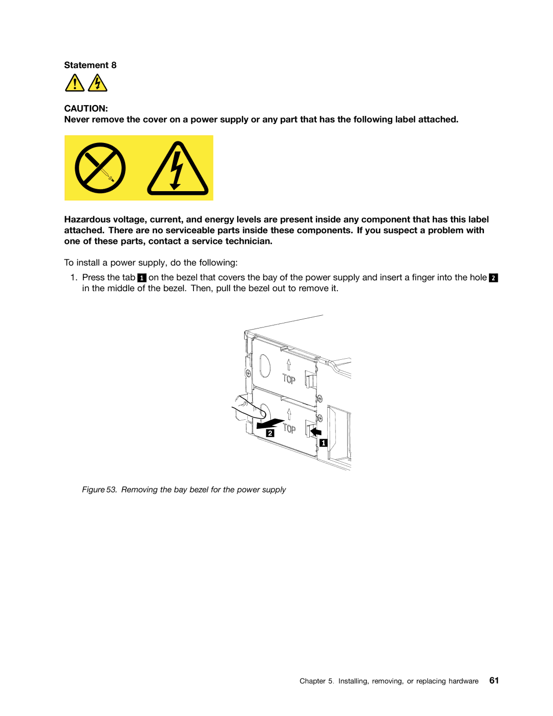 Lenovo 1047, 1046, 1045, 1048 manual Removing the bay bezel for the power supply 