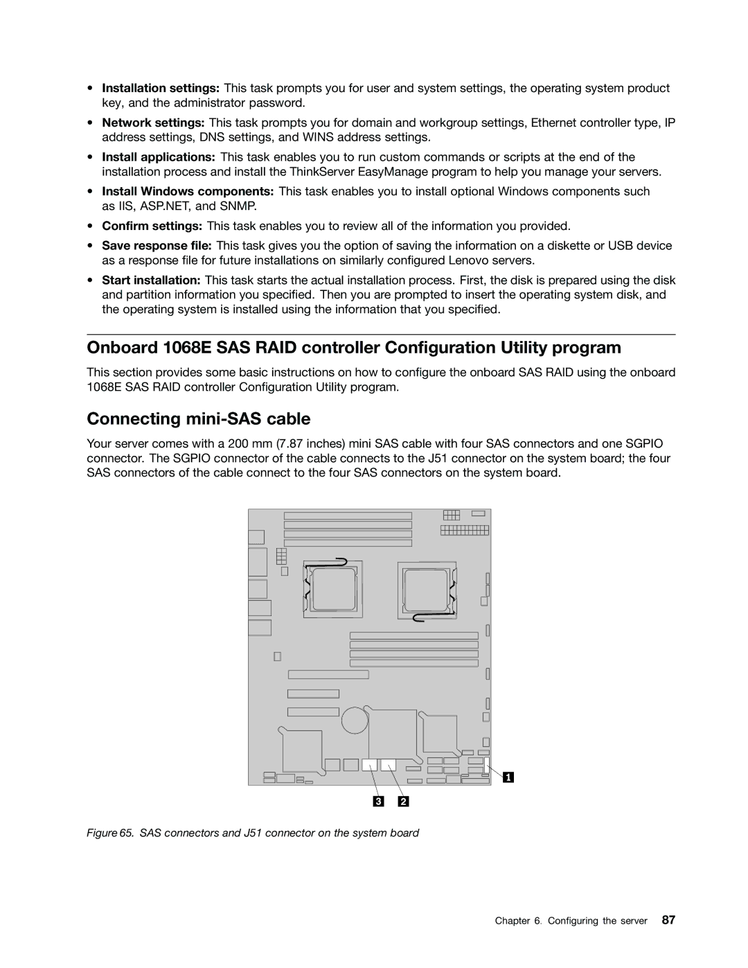 Lenovo 1048, 1046, 1047, 1045 manual Connecting mini-SAS cable, SAS connectors and J51 connector on the system board 